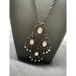 Vintage Inspired Black Filigree Chandelier Necklace Clear Gemstone Accents Gothi